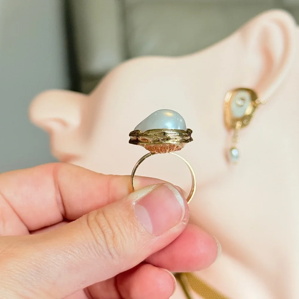 Gold Ring with White Baroque Pearl